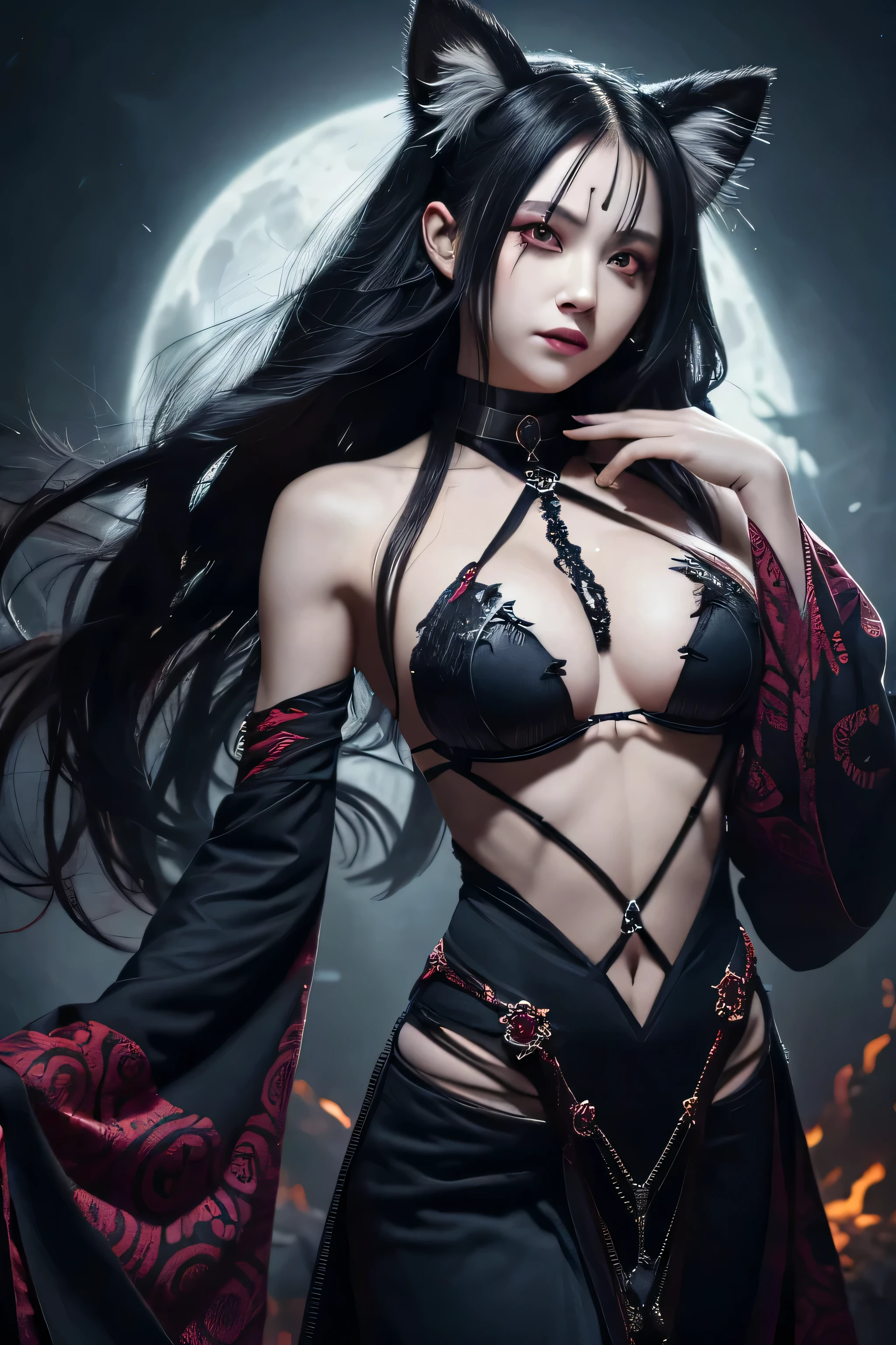 A full-body, fully transformed into a darker, more corrupted version of herself. She has flowing deep indigo hair, with soft, long locks that blend into the darkness of the night. Her clear purple eyes, once warm and gentle, now burn with a malevolent light, and the heart shapes in them have morphed into sharp, dangerous symbols. Her smile has become a twisted, sinister smirk. She has fox-like ears and a bushy, fluffy fox tail, both matching the silver color, but now they are surrounded by an aura of dark energy, glowing with cursed runes that flicker ominously. Her pale skin is covered with intricate, dark patterns and cursed symbols that glow with a faint, eerie light, enhancing her malevolent aura. She is dressed in a yukata-style outfit, predominantly black with vivid red and dark purple accents, adorned with intricate embroidery of dark symbols and cursed designs. The yukata has a soft, flowing silhouette that sways gently with her movements, covering her body gracefully, but with a wide neckline that reveals more of her shoulders and the ominous patterns on her skin. Around her neck, she wears a cursed, sinister choker that is now even more pronounced, with sharp spikes, glowing runes, and dark energy swirling around it. The cursed symbols and patterns on her skin are now more prominent, glowing fiercely, and spreading across her entire body, giving her an even more imposing, powerful presence. The overall scene is intense and terrifying, with an atmosphere of absolute corruption and overwhelming power. The style is realistic, with intricate details and lifelike textures.