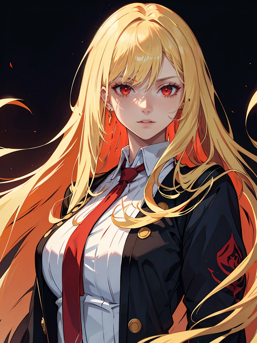 handsome girl,red-eyes,red pupils,Long blonde hair,Hyperresolution,accuracy,Detailed rendering,(Subtle facial image)(Image of fine hair)(topquality)(Masterpieces of masters)(High degree of completeness)(A sense of atmosphere)tmasterpiece,Super detailed and super detailed(half-body portrait)Bleach OC character, long blonde hair, face scar, red eyes, long straight hair, ankle length straight hair, bleach lieutenant,