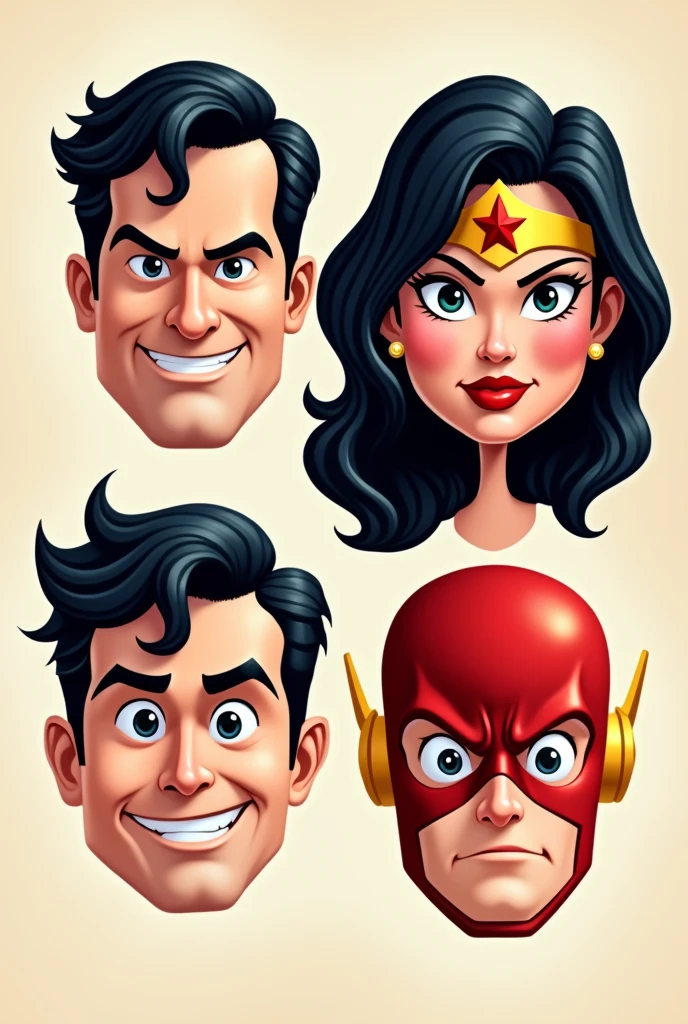 Face of four characters of the Justice League in caricature