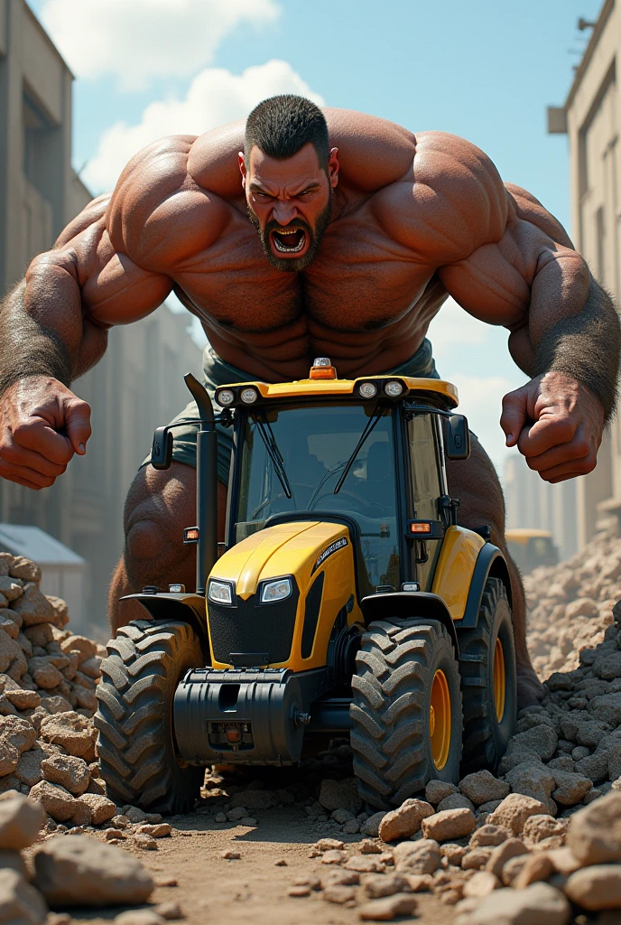 A picture of a New Holland mini loader with a strong man destroying it