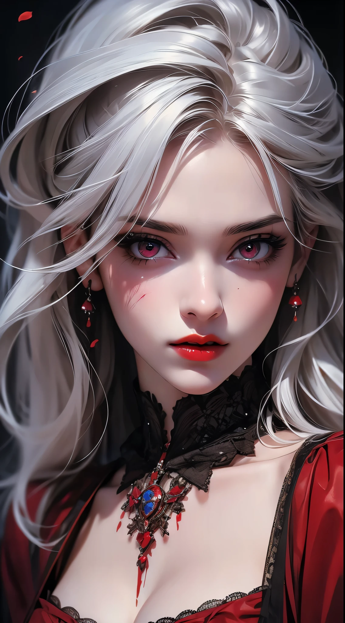 beautiful detailed eyes, beautiful detailed lips, extremely detailed eyes and face, long eyelashes, 1 girl, blood, solo, breasts, blood on face, jewelry, red eyes, cleavage, medium breasts, necklace, lips, blood splatter, realistic, upper body, petals, long hair, red lips, blood on clothes, white hair, rose petals, (best quality,4k,8k,highres,masterpiece:1.2),ultra-detailed,(realistic,photorealistic,photo-realistic:1.37),vivid colors,portrait,horror,dark fantasy