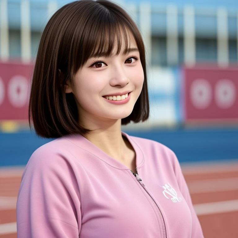 (kawaii 24 year-old Japanese girl, Nogizaka idol, Korean idol), healthy female athlete body, (glossy brown hair, short hair, pixie cut, bangs:1.3), (rounded face, beautiful black eyes, single eyelid, no makeup:1.2), (looking at away, laughing:1.3), (wearing light pink track jacket, sweat jogger pants:1.3), perfect shaped extra small breasts, BREAK, (track and field stadium background:1.2), (dynamic angle, upper body shot:1.2), BREAK, (masterpiece, best quality, photo realistic, official art:1.4), (UHD, 8K quality wallpaper, high resolution, raw photo, golden ratio:1.3), (shiny skin), professional lighting, physically based rendering, award winning, (highly detailed skin, extremely detailed face and eyes), Carl Zeiss 85 mm F/1.4, depth of field, 1girl, solo,
