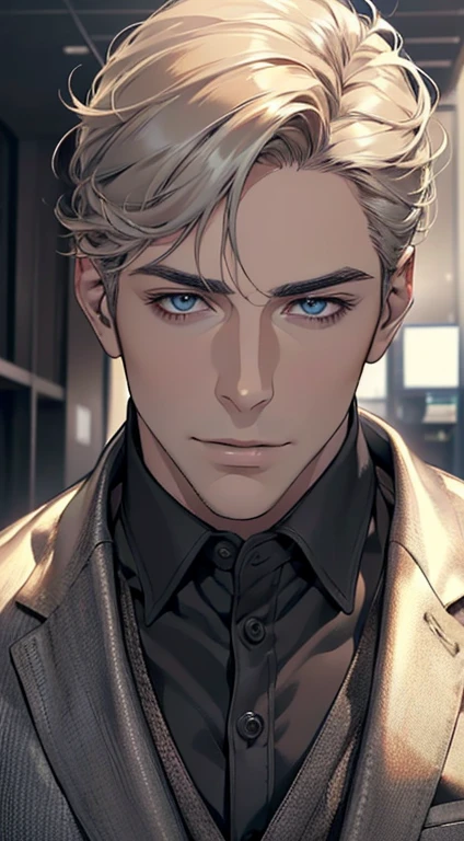 (best quality,4k,8k,highres,masterpiece:1.2),ultra-detailed,(realistic,photorealistic,photo-realistic:1.37),1 man,3,mature man,very handsome,without expression,smile,short grey golden hair,blue eyes,penetrating gaze,perfect face without errors,imposing posture,businessman,office background,cinematic lighting,hdr image