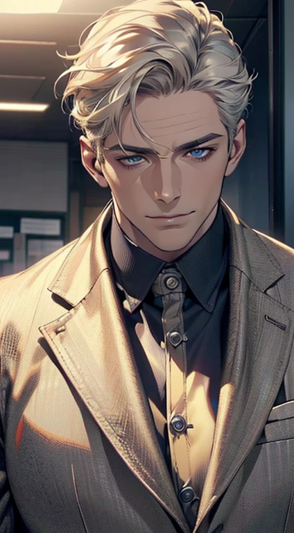 (best quality,4k,8k,highres,masterpiece:1.2),ultra-detailed,(realistic,photorealistic,photo-realistic:1.37),1 man,3,mature man,very handsome,without expression,smile,short grey golden hair,blue eyes,penetrating gaze,perfect face without errors,imposing posture,businessman,office background,cinematic lighting,hdr image