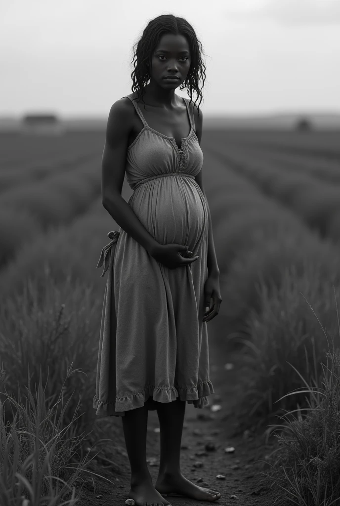 a 20-year-old pregnant slave woman in 1920s field, sad expression, wide angle shot, distant perspective, candid pose, not looking at camera, black and white, realistic, high detail, masterpiece, cinematic lighting, dramatic shadows, gritty, dirty, exhausted, dirty clothes, tattered dress, barefoot, tired eyes, sorrowful face, (best quality,8k,highres,masterpiece:1.2),ultra-detailed,realistic,photo-realistic:1.37,cinematic,dramatic,gritty,emotional,powerful,somber,melancholic