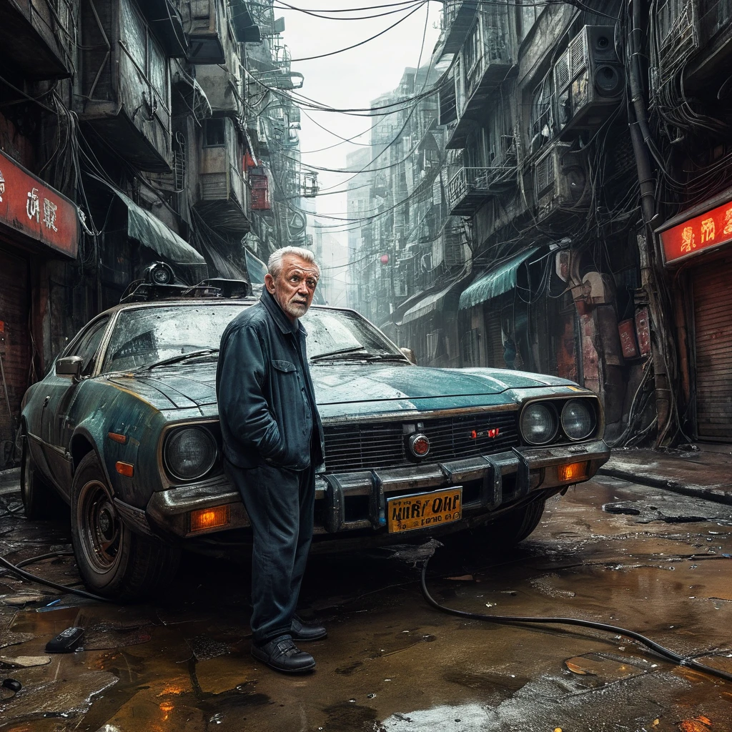 (masterpiece, 8k, best quality:1.2), album cover shoot, photorealistic, hyper detailed, cinematic, sad, arri alexa 65, film, portra 400, an old man, the old is in the middle of a distopian blade runner type street, the old man is the very essence of "broken and bowed", neon and haze and cars and flying cars and people all ignoring this baby, night time,