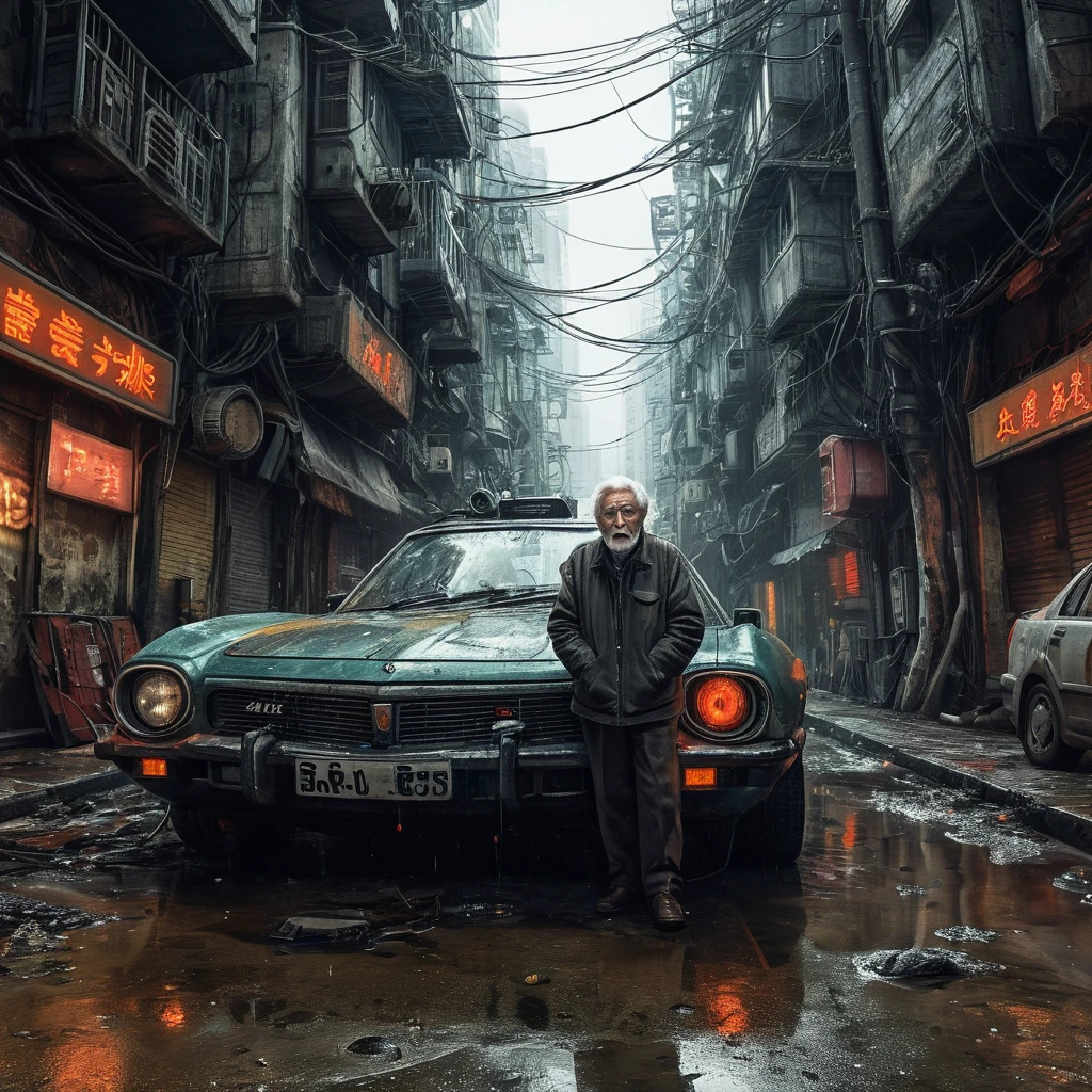 (masterpiece, 8k, best quality:1.2), album cover shoot, photorealistic, hyper detailed, cinematic, sad, arri alexa 65, film, portra 400, an old man, the old is in the middle of a distopian blade runner type street, the old man is the very essence of "broken and bowed", neon and haze and cars and flying cars and people all ignoring this baby, night time,