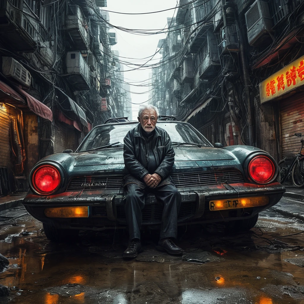 (masterpiece, 8k, best quality:1.2), album cover shoot, photorealistic, hyper detailed, cinematic, sad, arri alexa 65, film, portra 400, an old man, the old is in the middle of a distopian blade runner type street, the old man is the very essence of "broken and bowed", neon and haze and cars and flying cars and people all ignoring this baby, night time,