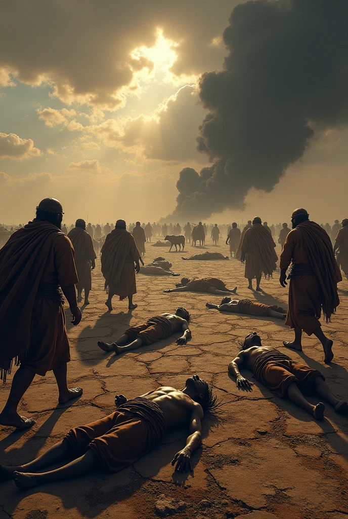 "Create a dramatic scene depicting the aftermath of the Sabeans' and other disasters that struck Job's servants and animals. The landscape is desolate, with bodies of slain servants lying on the ground and the remnants of Job's livestock scattered or being led away by the attackers. The scene should evoke a sense of tragedy and devastation, with dark clouds overhead and a barren, scorched earth underfoot. The atmosphere is somber, capturing the immense loss and destruction that Job has just suffered."