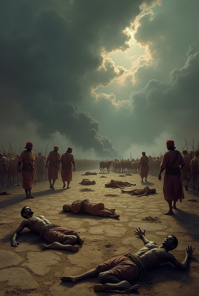 "Create a dramatic scene depicting the aftermath of the Sabeans' and other disasters that struck Job's servants and animals. The landscape is desolate, with bodies of slain servants lying on the ground and the remnants of Job's livestock scattered or being led away by the attackers. The scene should evoke a sense of tragedy and devastation, with dark clouds overhead and a barren, scorched earth underfoot. The atmosphere is somber, capturing the immense loss and destruction that Job has just suffered."