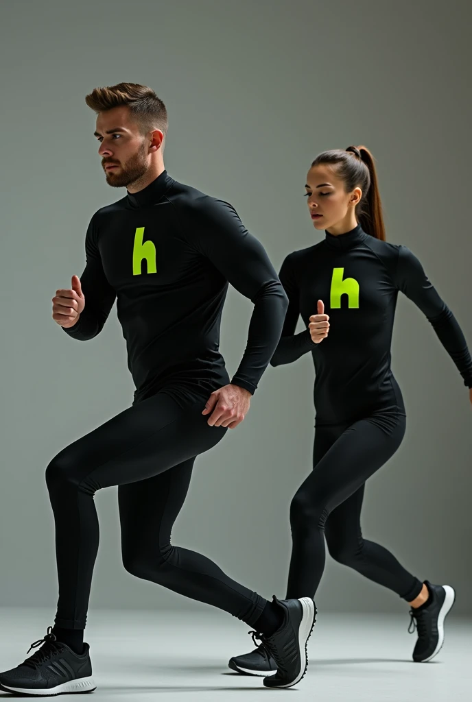 Image of man and woman exercising in black long sleeve sportswear with lime green H logo