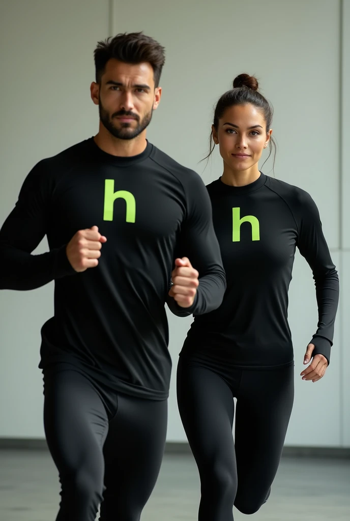 Image of man and woman exercising in black long sleeve sportswear with lime green H logo