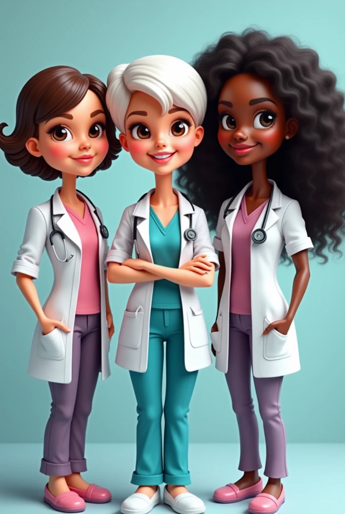 Create 3 Barbie-type caricatures with medical pajamas and a doctor&#39;s coat, one that is a lady with short brown hair and a medium-chubby body , brown eyes, the other one has short white hair, brown eyes and the other one has long black curly hair and black eyes ,adult women