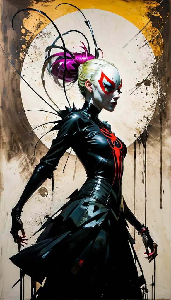 by Tsutomu Nihei,(violent but extremely beautiful:1.4),(masterpiece, best quality:1.4),in the style of nicola samori,dancing,Spider Gwen,posing with attitude, Ukiyo-e Art,ColorART,colorful ,in the style of esao andrews,esao andrews style,esao andrews art,esao andrews