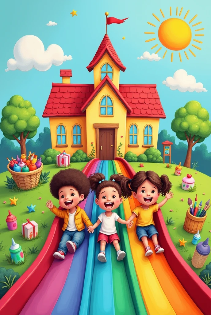 Easy drawing of children sliding down a rainbow with paintbrushes and art supplies behind a school