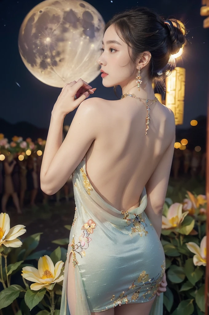 (((best quality))),(((ultra detailed))),(((masterpiece))),illustration,((1 girl,solo)),(neat chignon:1.2),(beautiful face:1.3),((earrings,crystal necklace)),((slim,thin)),((bare back,towering hips,butt crack)),(stockings:1.3),(a moon in the clear night sky as the background:1.3), gentle glow,(Standing in the world full of vibrant flowers:1.3),(gorgeous sheer Chinese dress:1.3),sparkling eyes,graceful,(surrounded by crowded colorful flowers:1.5), kaleidoscope, shimmer,bright moonlight, delicate petals, fragrance, otherworldly, magical realm, enchantment, tranquility, essence of beauty, peace,(outdoor:1.2),(night scene:1.3),((from back,upper body))