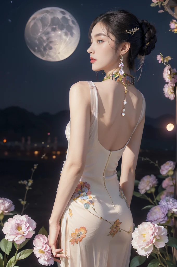 (((best quality))),(((ultra detailed))),(((masterpiece))),illustration,((1 girl,solo)),(neat chignon:1.2),(beautiful face:1.3),((earrings,crystal necklace)),((slim,thin)),((bare back,towering hips,butt crack)),(stockings:1.3),(a moon in the clear night sky as the background:1.3), gentle glow,(Standing in the world full of vibrant flowers:1.3),(gorgeous sheer Chinese dress:1.3),sparkling eyes,graceful,(surrounded by crowded colorful flowers:1.5), kaleidoscope, shimmer,bright moonlight, delicate petals, fragrance, otherworldly, magical realm, enchantment, tranquility, essence of beauty, peace,(outdoor:1.2),(night scene:1.3),((from back,upper body))