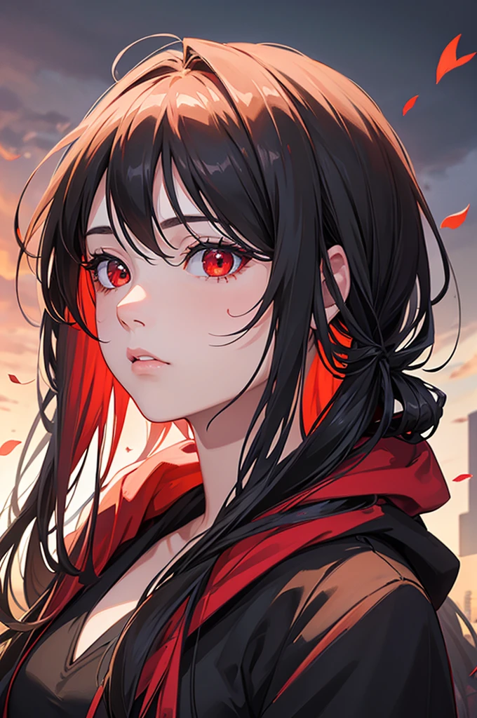 Best quality, masterpiece, ultra high res, (photorealistic:1.4), raw photo, 1girl, expressionless, portrait, black hair, long hair, bright red eyes, black hoodie, red spider lily