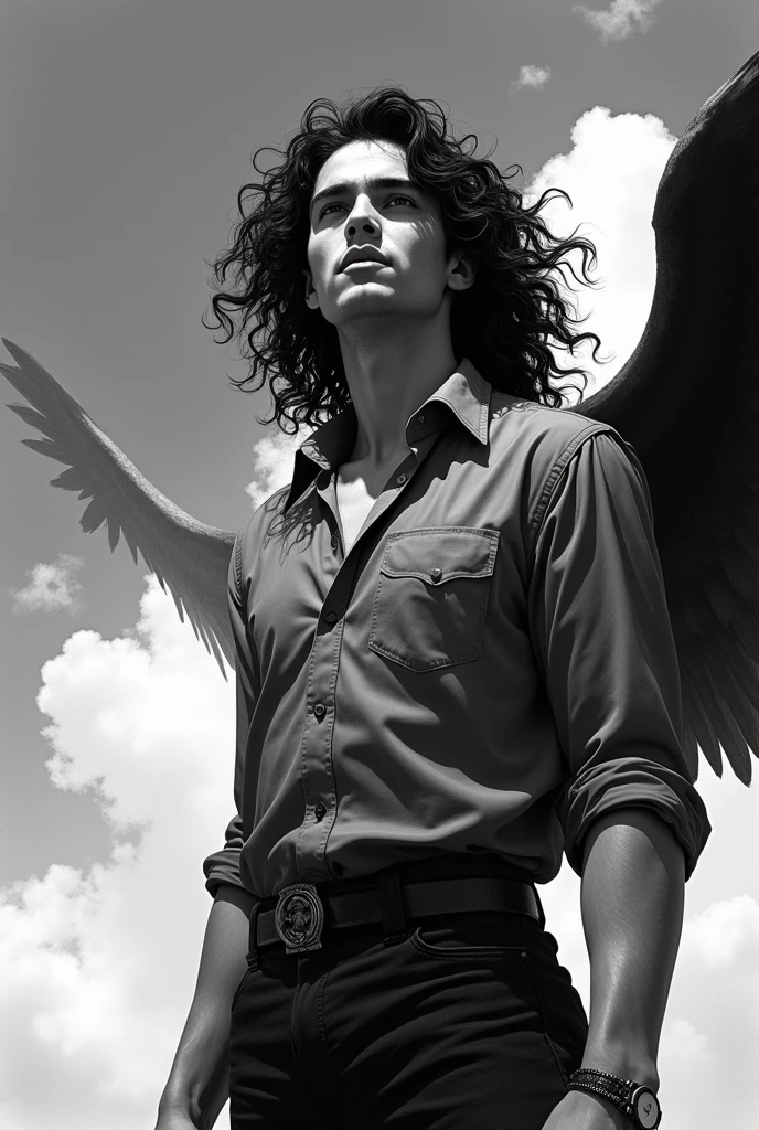 illustration style of lucifer from the bible, soft lighting, (dramatic angle:1.25), (standing alone:1.4), (1 men), ((Bblack hair), long  curly hair), black eyes, (ssmile), sky, (Off-the-shoulder shirt), (staring overhead:1.3), fantastic black and white, sky azul com nuvens, (work of art:1.2), ultra detali, (best qualityer), black and white illustration, 