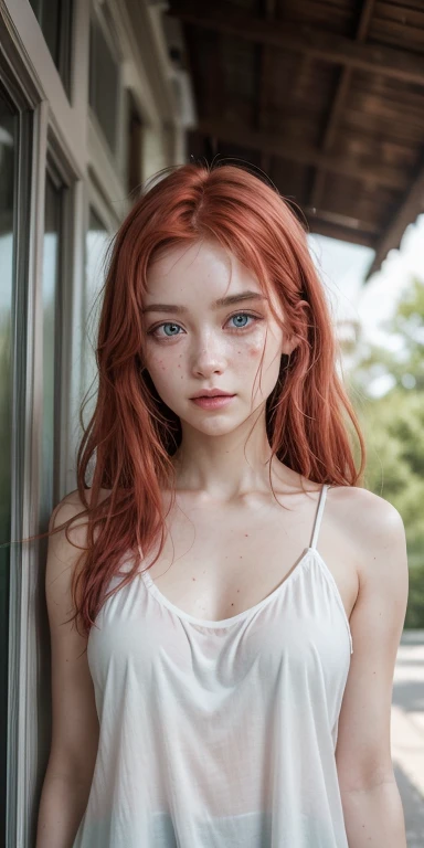 High quality photo, a girl , very gentle, love, tears, round face, snub nose, big green eyes, full lips, (((mouth open))), freckles, small breasts, short red hair, fully grown, diffused light, direct focus