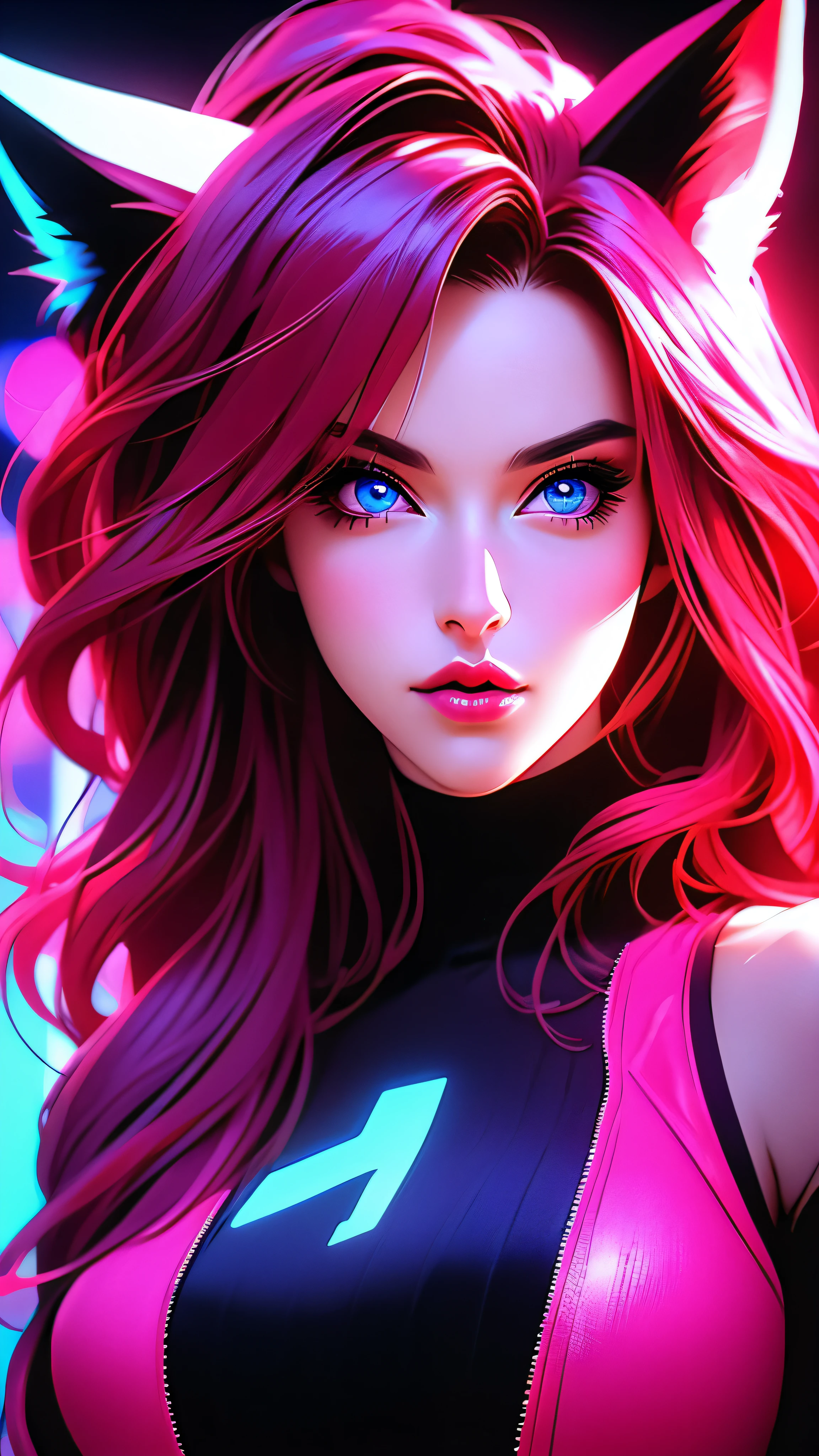 a girl with long red hair and cat or fox ears, looking directly at the viewer, solo portrait in a neon noir style, detailed blue eyes, full lips, large breasts, detailed facial features, complex hairstyle, dramatic blue, pink, purple neon lighting, cinematic composition, photorealistic, 8k, highly detailed, masterpiece