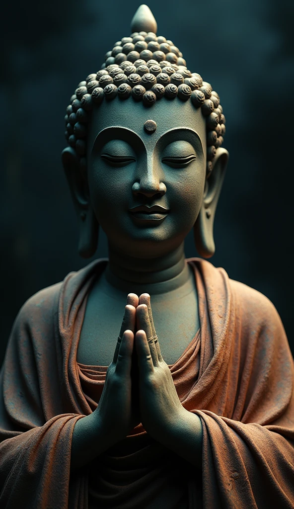 Create a cinematic image of the face of Buddha representing the Tathagata (Suchness) or Buddha of Great Enlightenment with closed eyes in a gesture of chanting or prayer. The image should feature a dark, mysterious tone with dramatic, ethereal lighting highlighting the statue. The Buddha’s face should convey serenity and wisdom, with detailed features and an ancient, dusty patina to suggest age and reverence. The statue should be draped in a richly detailed cloak, and the hands should be positioned in a traditional gesture of chanting. The lighting should create striking contrasts, casting deep shadows and accentuating the Buddha’s features, evoking a sense of sacred mystery and spiritual depth, akin to a scene from a film.