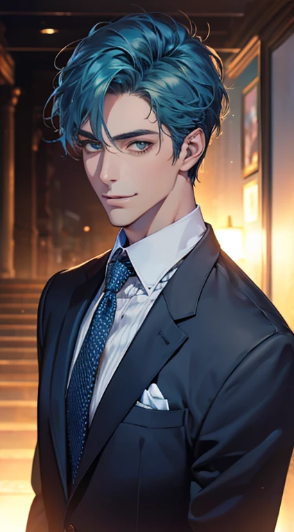 (Highest quality,4K,8K,High resolution,masterpiece:1.2),Super detailed,(Realistic,photoRealistic,photo-Realistic:1.37),1 personld,Mature Men,Beautiful skin、very handsome,Expressionless smile in love,Short blue hair,green eyes,Sharp Eyes,A perfect face without a doubt,Businessman, CEO, Office Background,Cinema Lighting,HDR image,tie、