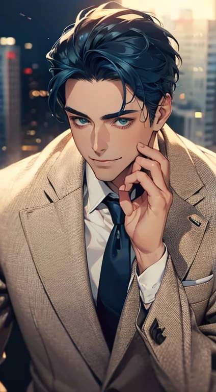 (Highest quality,4K,8K,High resolution,masterpiece:1.2),Super detailed,(Realistic,photoRealistic,photo-Realistic:1.37),1 personld, Men,Beautiful skin、very handsome,Expressionless smile in love,Short blue hair,green eyes,Sharp Eyes,A perfect face without a doubt,Businessman, CEO, Office Background,Cinema Lighting,HDR image,tie、