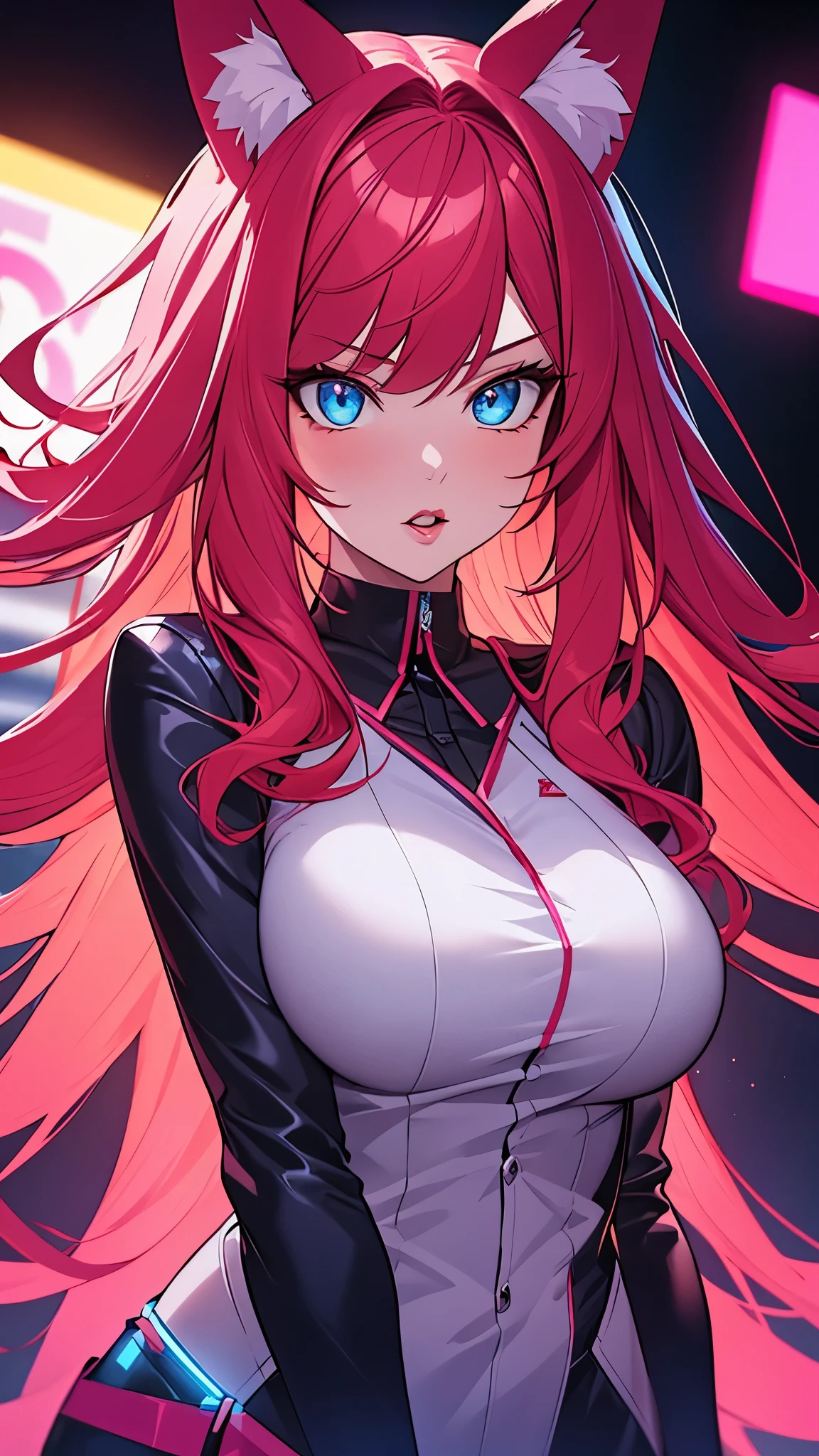 a girl with long red hair and cat or fox ears, looking directly at the viewer, solo portrait in a neon noir style, detailed blue eyes, full lips, large breasts, detailed facial features, complex hairstyle, dramatic blue, pink, purple neon lighting, cinematic composition, photorealistic, 8k, highly detailed, masterpiece