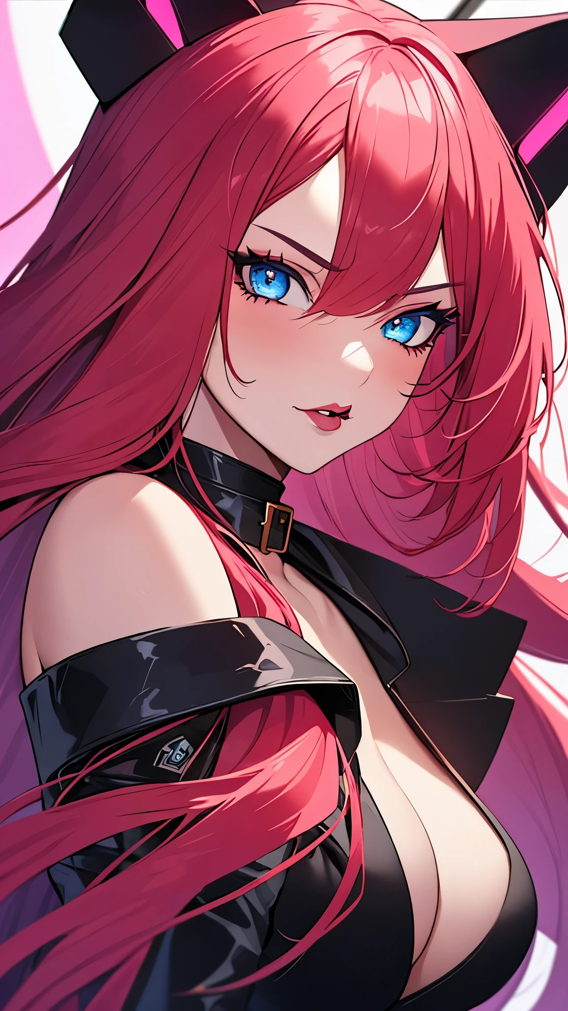 a girl with long red hair and cat or fox ears, looking directly at the viewer, solo portrait in a neon noir style, detailed blue eyes, full lips, large breasts, detailed facial features, complex hairstyle, dramatic blue, pink, purple neon lighting, cinematic composition, photorealistic, 8k, highly detailed, masterpiece