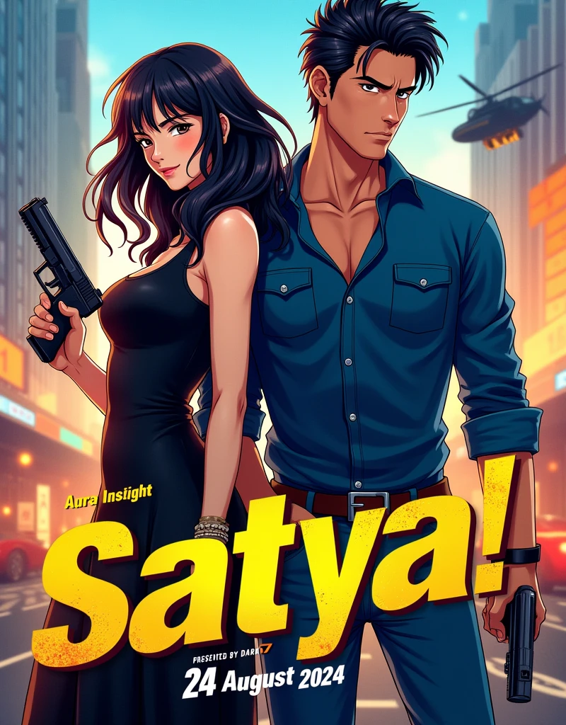 CREATE A ANIME STYLE LANDSCAPE MOVIE POSTER. Movie poster with a dynamic and action-packed style. The layout features two central figures, a man and a woman, standing closely together. The man has a light skin, and short, styled black hair, wearing a blue shirt with rolled-up sleeves and jeans, holding a gun in his right hand. The woman has long, wavy dark hair, light skin, and is dressed in a black, sleeveless dress with a short hemline, also holding a gun in her left hand. Both have intense facial expressions. The background includes a helicopter and a cityscape, suggesting an action setting. The title 'SATYA!' is prominently displayed in bold, yellow and red letters with a slight tilt, positioned at the bottom left. Additional text includes 'AURA INSIGHT' in yellow, 'PRESENT BY DARK7 ' in white, and the release date '24 AUGUST 2024' in large, white letters at the bottom center. The overall color scheme is vibrant, with a mix of warm and cool tones.