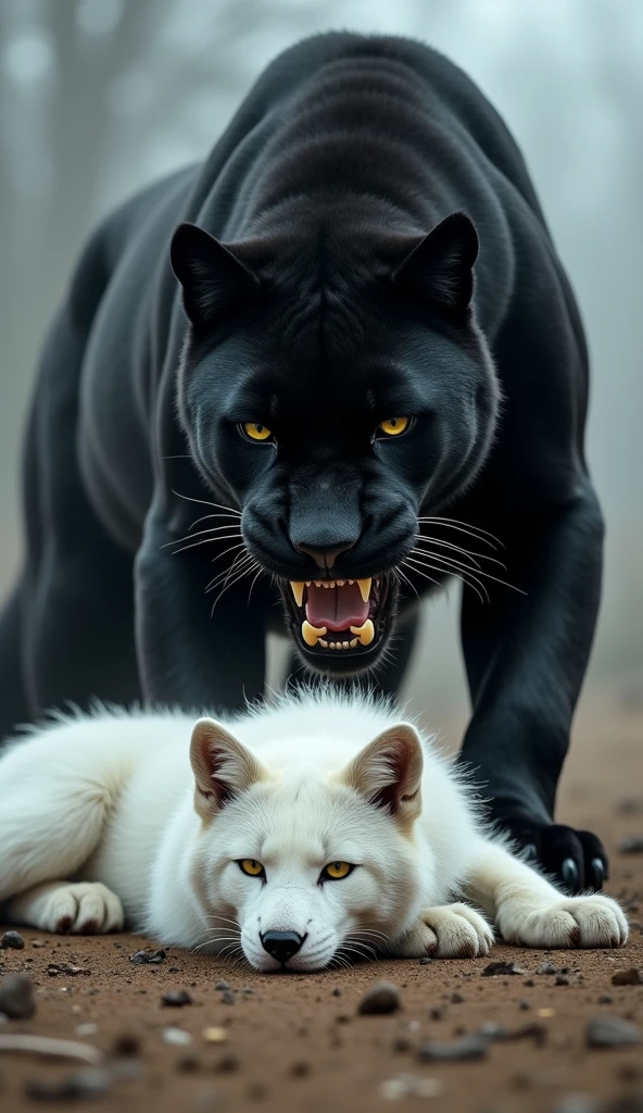 "Create a hyper-realistic image showing a dramatic scene between a white fox and a black panther. The image features a defeated white fox lying on the ground, clearly exhausted and beaten. Nearby, the enormous, powerful black panther dominates the scene as the clear winner. The black panther, depicted as a giant and muscular predator, has sharp teeth and an imposing size that contrasts with the vulnerable position of the white fox. The setting is stark and emphasizes the white fox's loss and the black panther's dominance. The details of both animals are extremely realistic, focusing on the white fox's fur texture and the black panther's sleek fur and teeth. The image is in portrait orientation with a resolution of 1080x1920."