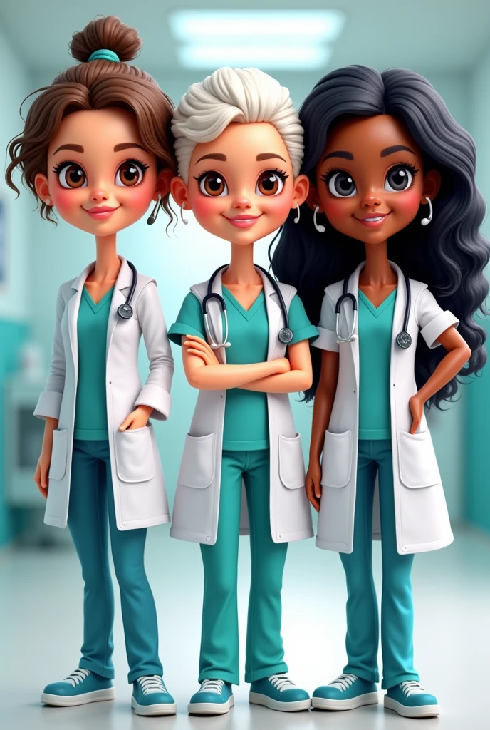 Create 3 Barbie-type caricatures with medical pajamas and a doctor&#39;s coat, one that is a lady with short brown hair and a medium-chubby body , brown eyes, the other one has short white hair, brown eyes and the other one has long black curly hair and black eyes ,adult women