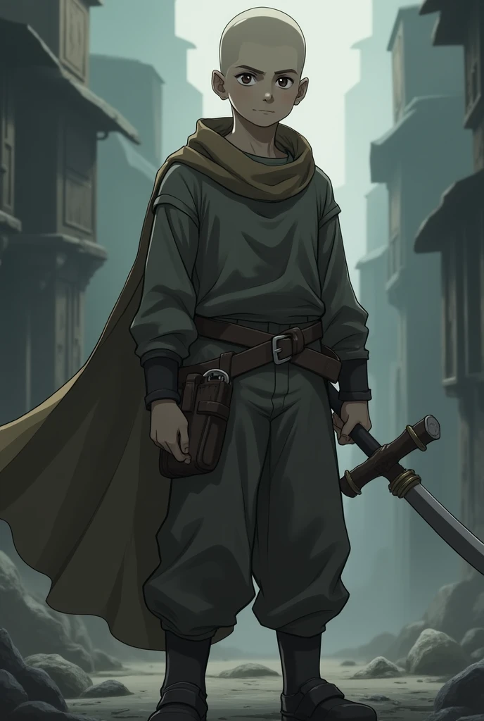 adolescent, ,  1,79 tall, 78 kilos, shaved hair, Caucasian skin, plain clothes and brown eyes, Demon Slayer anime style.