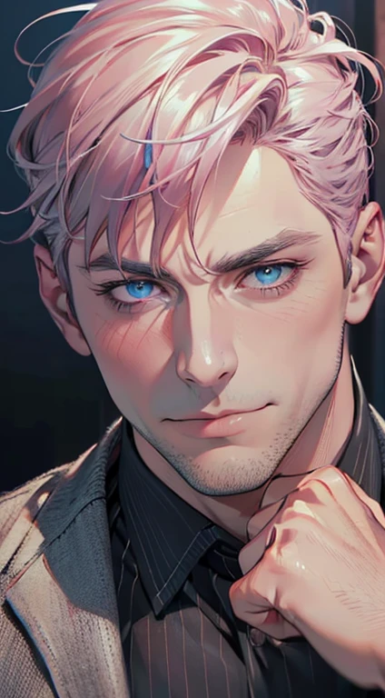 (best quality,4k,8k,highres,masterpiece:1.2),ultra-detailed,(realistic,photorealistic,photo-realistic:1.37),1 man,3,mature man,very handsome,without expression,smile,short grey pink hair,blue eyes,penetrating gaze,perfect face without errors,imposing posture,businessman,office background,cinematic lighting,hdr image
