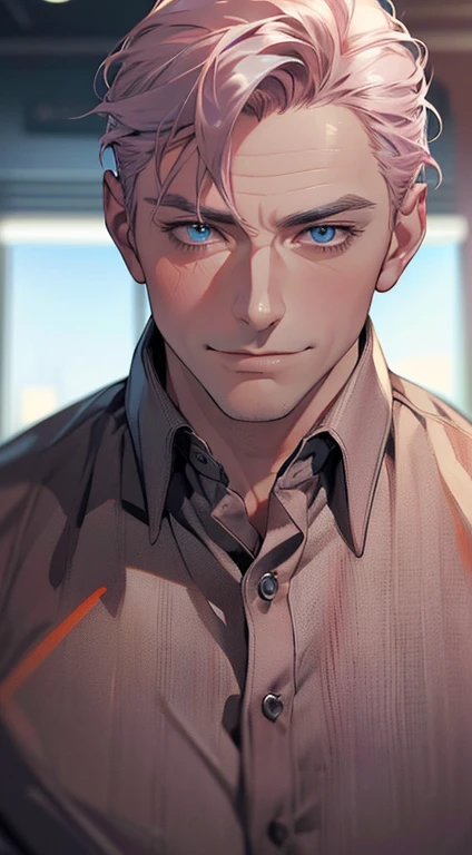 (best quality,4k,8k,highres,masterpiece:1.2),ultra-detailed,(realistic,photorealistic,photo-realistic:1.37),1 man,3,mature man,very handsome,without expression,smile,short grey pink hair,blue eyes,penetrating gaze,perfect face without errors,imposing posture,businessman,office background,cinematic lighting,hdr image