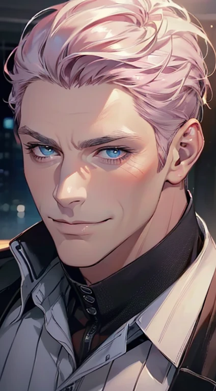 (best quality,4k,8k,highres,masterpiece:1.2),ultra-detailed,(realistic,photorealistic,photo-realistic:1.37),1 man,3,mature man,very handsome,without expression,smile,short grey pink hair,blue eyes,penetrating gaze,perfect face without errors,imposing posture,businessman,office background,cinematic lighting,hdr image