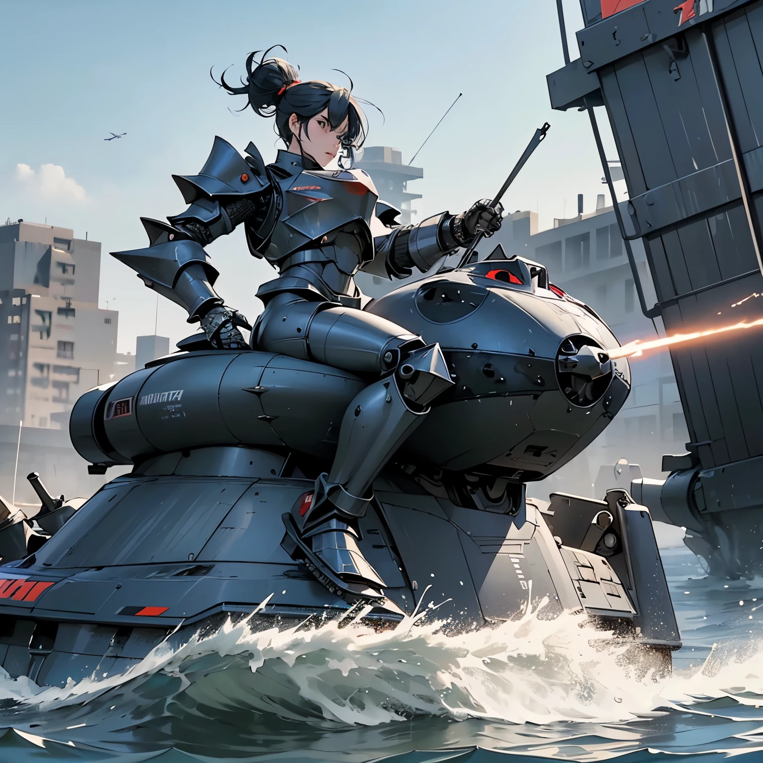 nsfw, anime screencap, 16K, perfect anatomy proportion body, perfect hands, action, A dynamic composition with a sense of speed and movement, (open cockpit, Ride a large, heavily armored military hovercraft:1.6), a wife, 40age, perfect beautiful delicate sexy face, perfect beautiful delicate drooping eyes, blue hair, hair bun, large breasts, abs, Camouflage-colored heavy armored steam engine full armor powered suit, Many heavily armored robot soldiers are engaged in a firefight in the background., Flying bullets, Desert Battlefield, war, Post-apocalyptic,