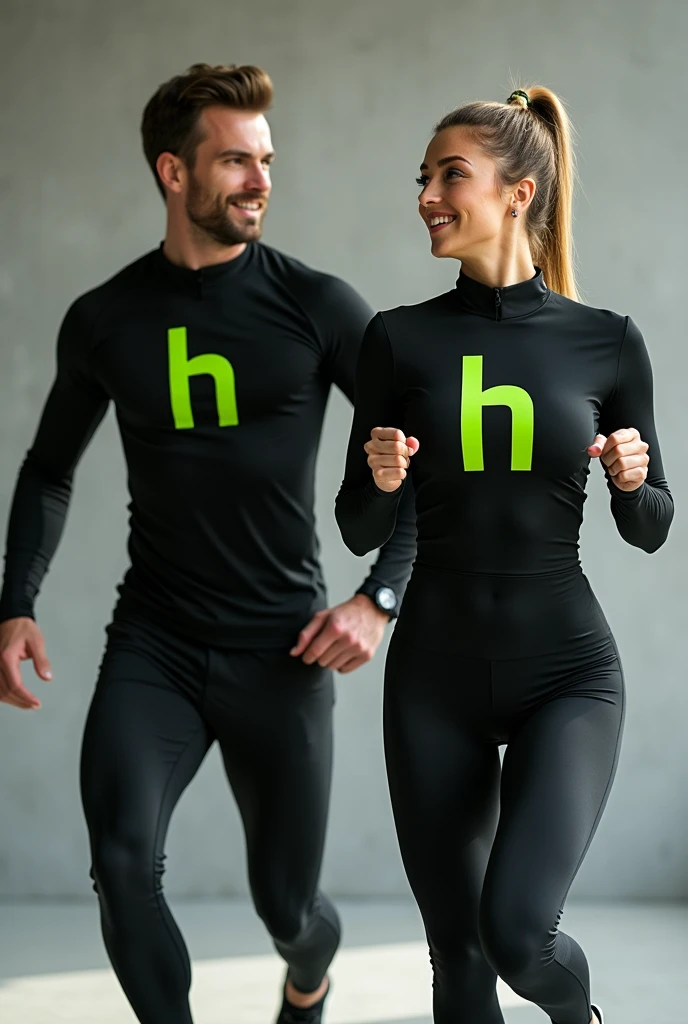 Image of man and woman exercising in black long sleeve sportswear with lime green H logo