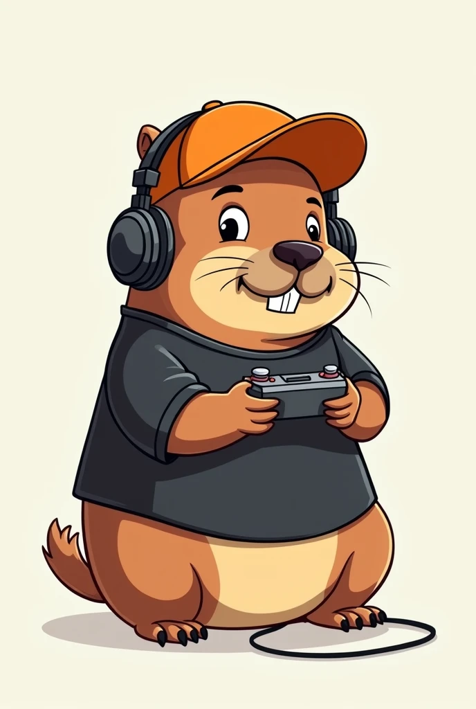 capybara face with mustache playing video game in black t-shirt, orange cap and headphones! in cartoon drawing without teeth