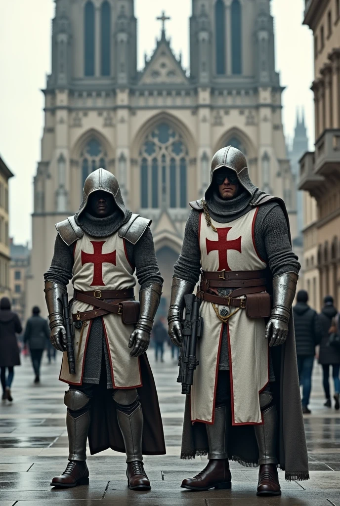 Two modern soldiers merging with Templar armor , gray steel chainmail uniform , modern hood modern white vest with a red templar cross,modern military boots gun in hand with a huge catholic cathedral in the background with civilians walking nearby