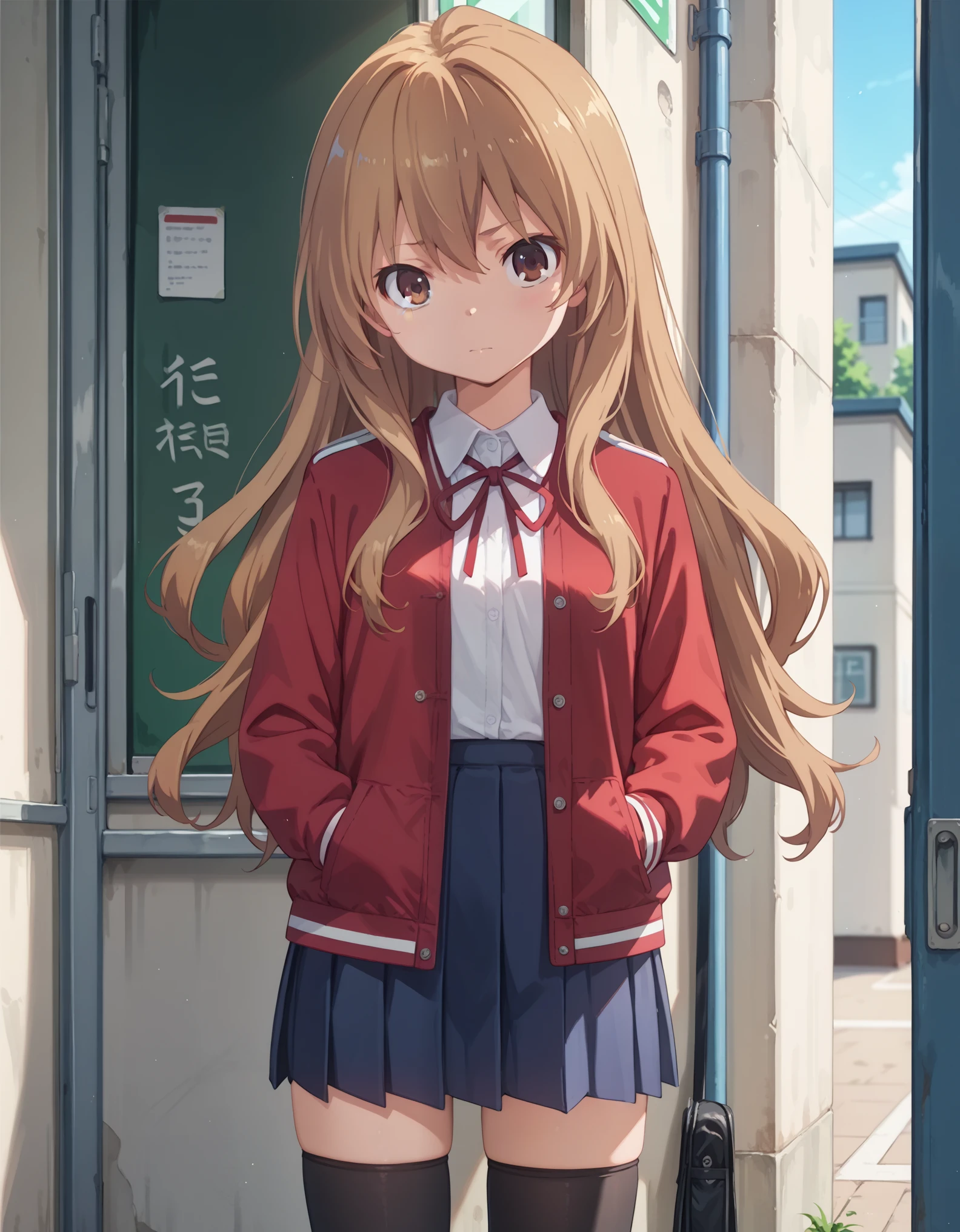 solo,
TaigaAisaka,1girl,brown hair,long hair,brown eyes,
school_uniform,red jacket,
blue skirt,pleated_skirt,
black thighhighs,