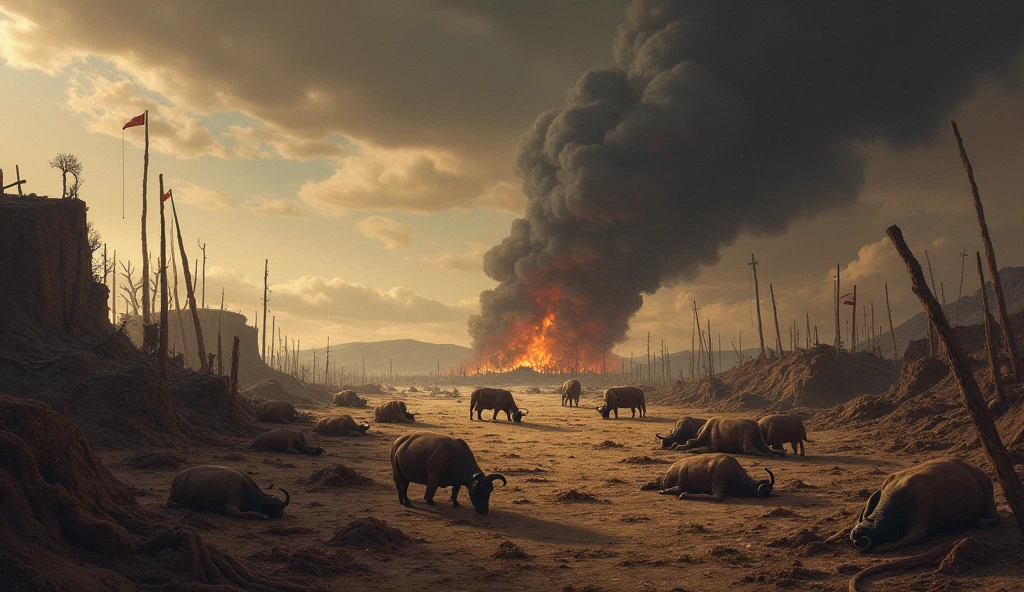 "Create a dramatic scene depicting the aftermath of the Sabeans' and other disasters that struck Job's servants and animals. The landscape is desolate, with bodies of slain servants lying on the ground and the remnants of Job's livestock scattered or being led away by the attackers. The scene should evoke a sense of tragedy and devastation, with dark clouds overhead and a barren, scorched earth underfoot. The atmosphere is somber, capturing the immense loss and destruction that Job has just suffered."sem pessoas de pe