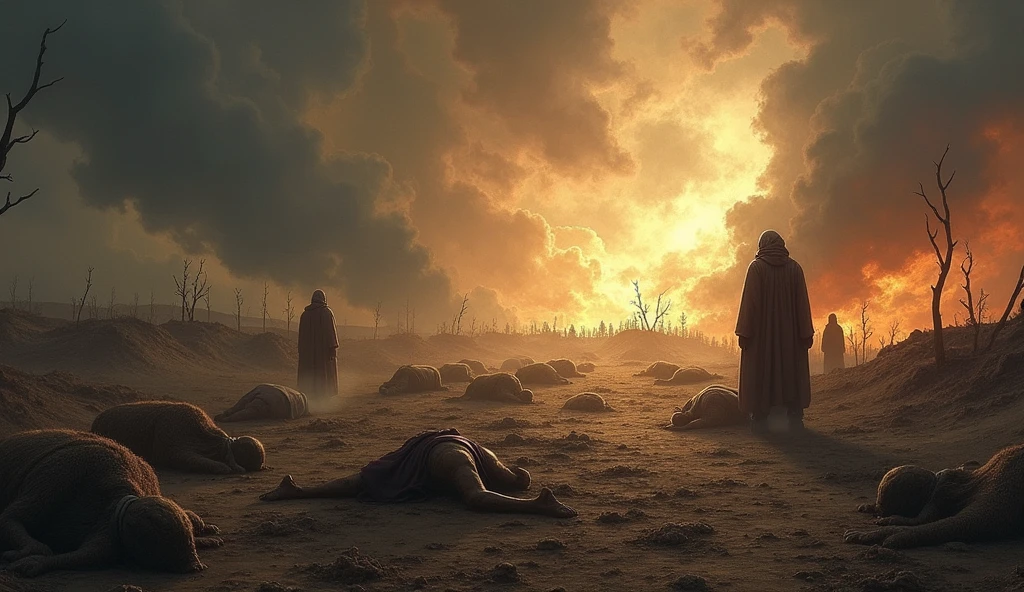 "Create a dramatic scene depicting the aftermath of the Sabeans' and other disasters that struck Job's servants and animals. The landscape is desolate, with bodies of slain servants lying on the ground and the remnants of Job's livestock scattered or being led away by the attackers. The scene should evoke a sense of tragedy and devastation, with dark clouds overhead and a barren, scorched earth underfoot. The atmosphere is somber, capturing the immense loss and destruction that Job has just suffered."sem pessoas de pe