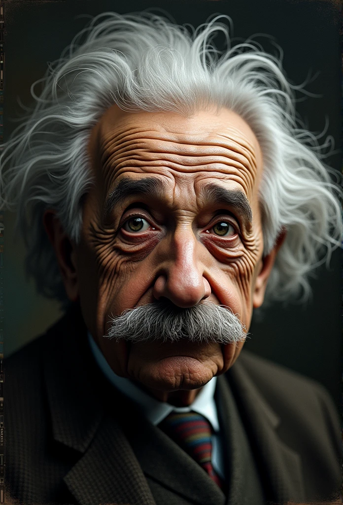 Create a face and shoulder of Albert Einstein with messy hair, with dark, vintage background, Hyper-Realism