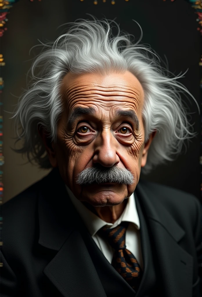 Create a face and shoulder of Albert Einstein with messy hair, with dark, vintage background, Hyper-Realism