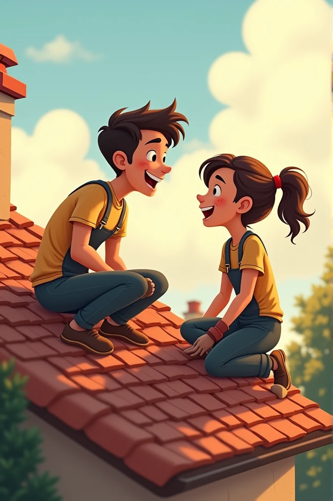 3. **Illustration 3:** A representation of Pedro and Elena working together on the roof of the house, communicating actively and sharing moments of complicity and laughter. They could be smiling and looking at each other with gratitude and camaraderie.."