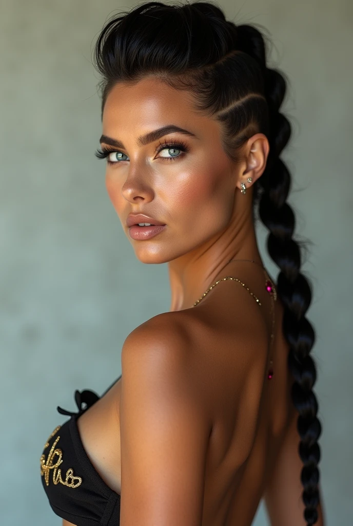 Mexican A beautiful pale-skinned Latina , eyes blue, full body, perfect body, haircut with two long mohawk braids, mohawk, uses two braids, he is 1, brown tanned skin,  (best quality,4k,8k,highres,masterpiece:1.2),ultra-detailed,(realistic,photorealistic,photo-realistic:1.37),HDR,UHD,studio lighting,ultra-fine painting,sharp focus,physically-based rendering,extreme detail description,professional,vivid colors,bokeh,portraiture,glamour,sensual,alluring,wear mexi, in style of Retna, full body, write the name Sofia with glitter
