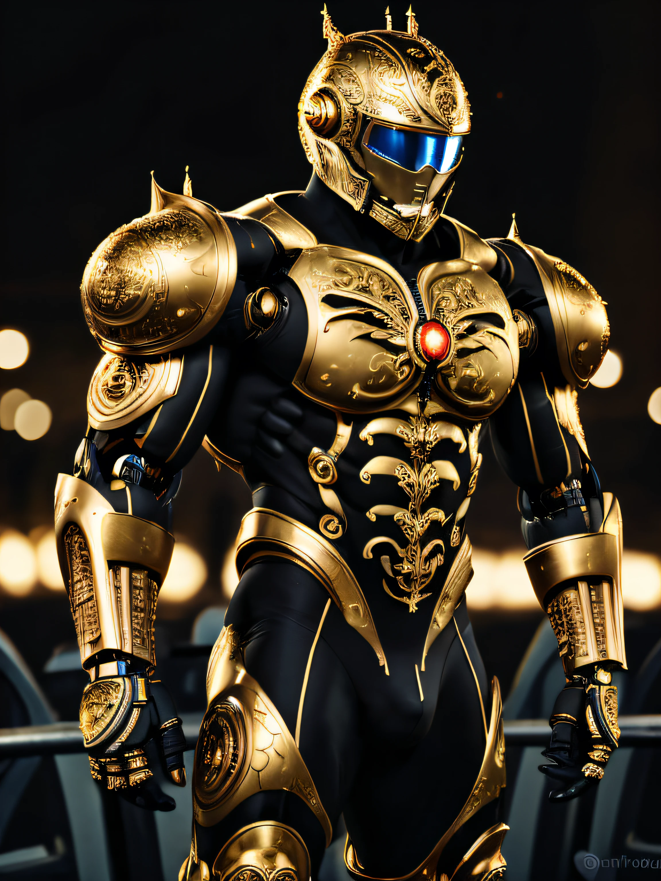 (EbonyGoldAI:1.25), (Science fiction:1.25), (one  men). closed helmet. One-piece helmet, Rosto masculino expressivo e altamente detailded, Heroic, detailded realistic open eyes, (bodybuilder body: 1.5), narrow waisted. detailded, intrikate. (Robotic arms and legs), (homem de topless) (exposed chest), booties, clamps, shoulder guards. realisitic, fotorrealisitic, hight contrast, high saturation, Altamente detailded, high qualiy, work of art, Volumetric Light, swirly vibrant colors, bokeh, Depth of field. Black and gold body.