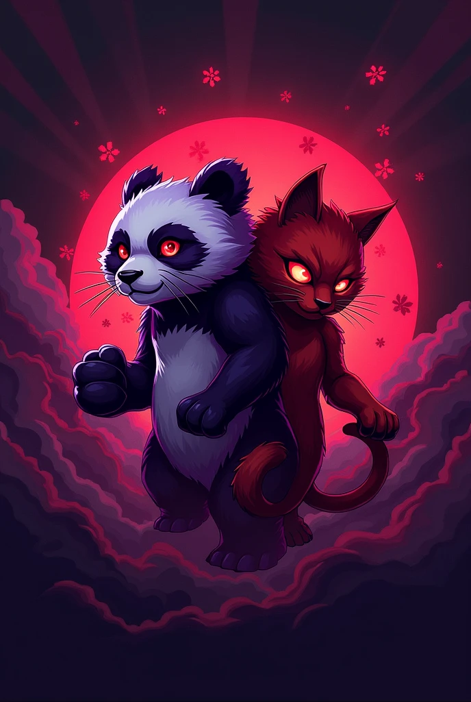 Logo for my group with intense colors of red and purple, like a panda and a cat in anime, creating a roblox game with block explosions, with the red-eyed, purple-furred panda, and the red cat with red eyes. The purple and red background with a Chinese theme, anime way, legendary